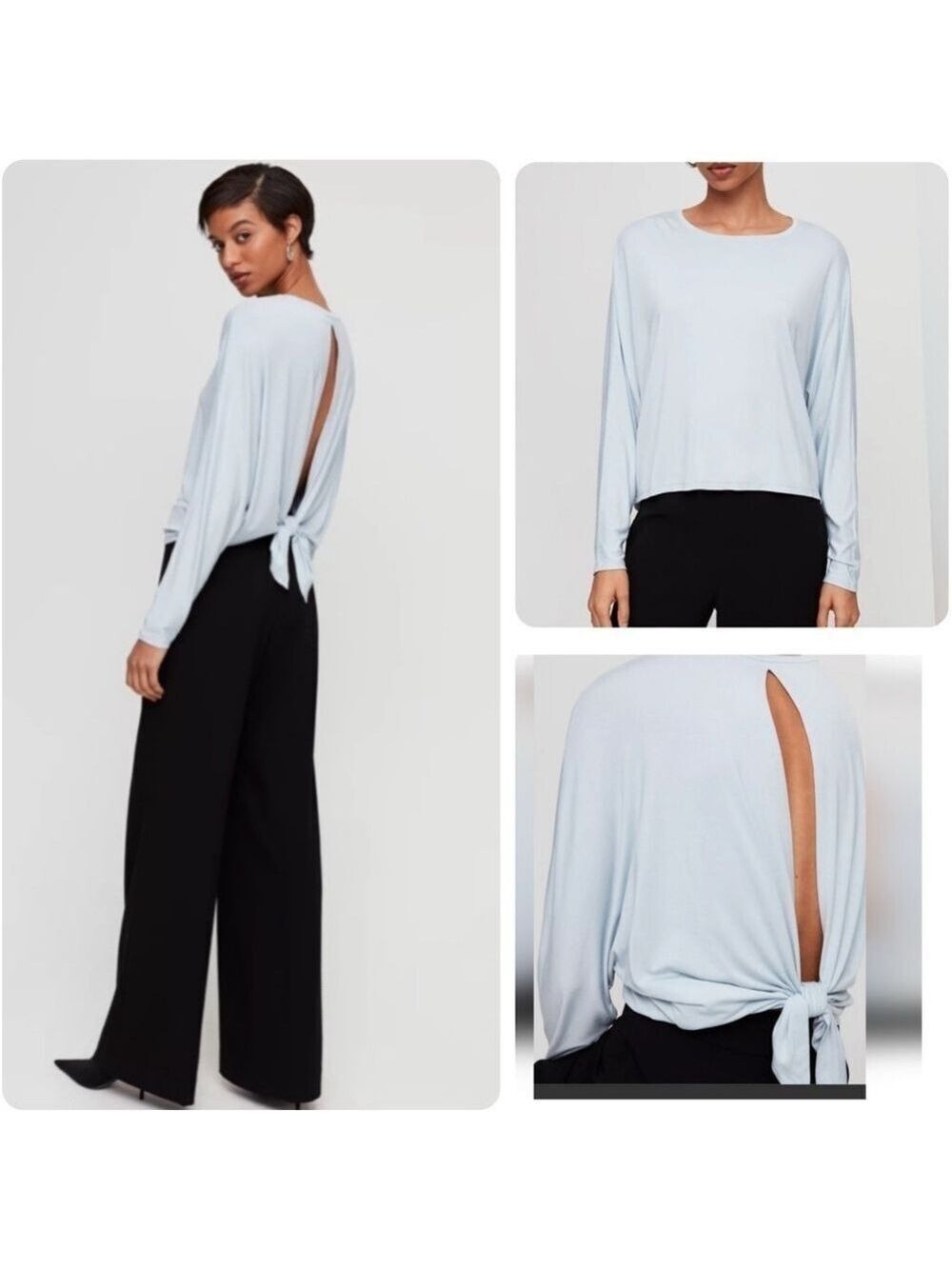 Aritzia Babaton Lonny Tie Open Back Tee Blue Top Relaxed Fit Shirt Size XS